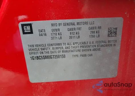 2016 Chevrolet Cruze Ls Auto из США, поврежденный, VIN 1G1BC5SM8G7258158